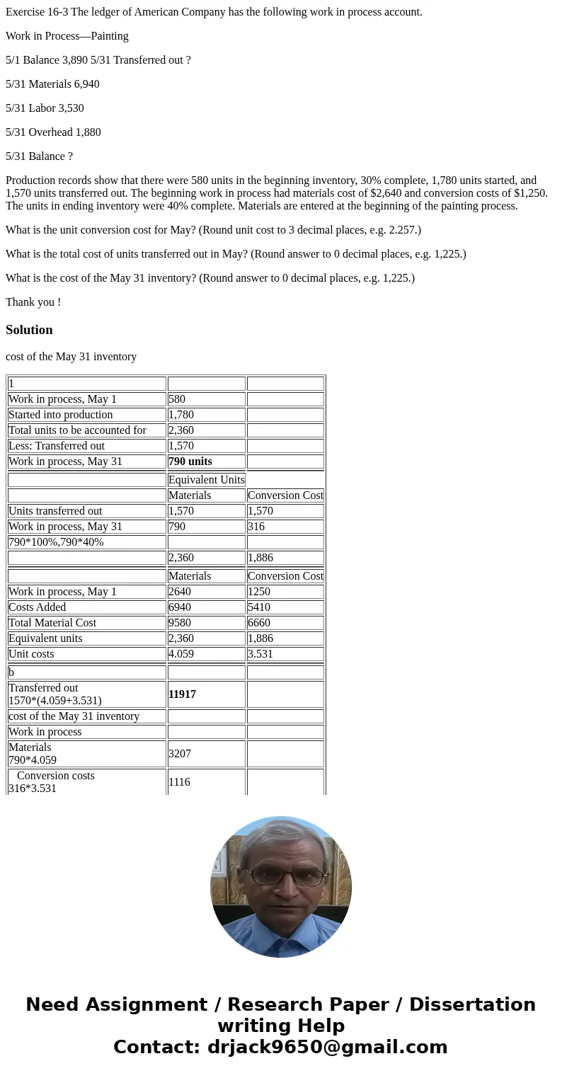 Exercise 16-3 The ledger of American Company has the following work in process account. Work in Process—Painting 5/1 Balance 3,890 5/31 Transferred out ? 5/31 M