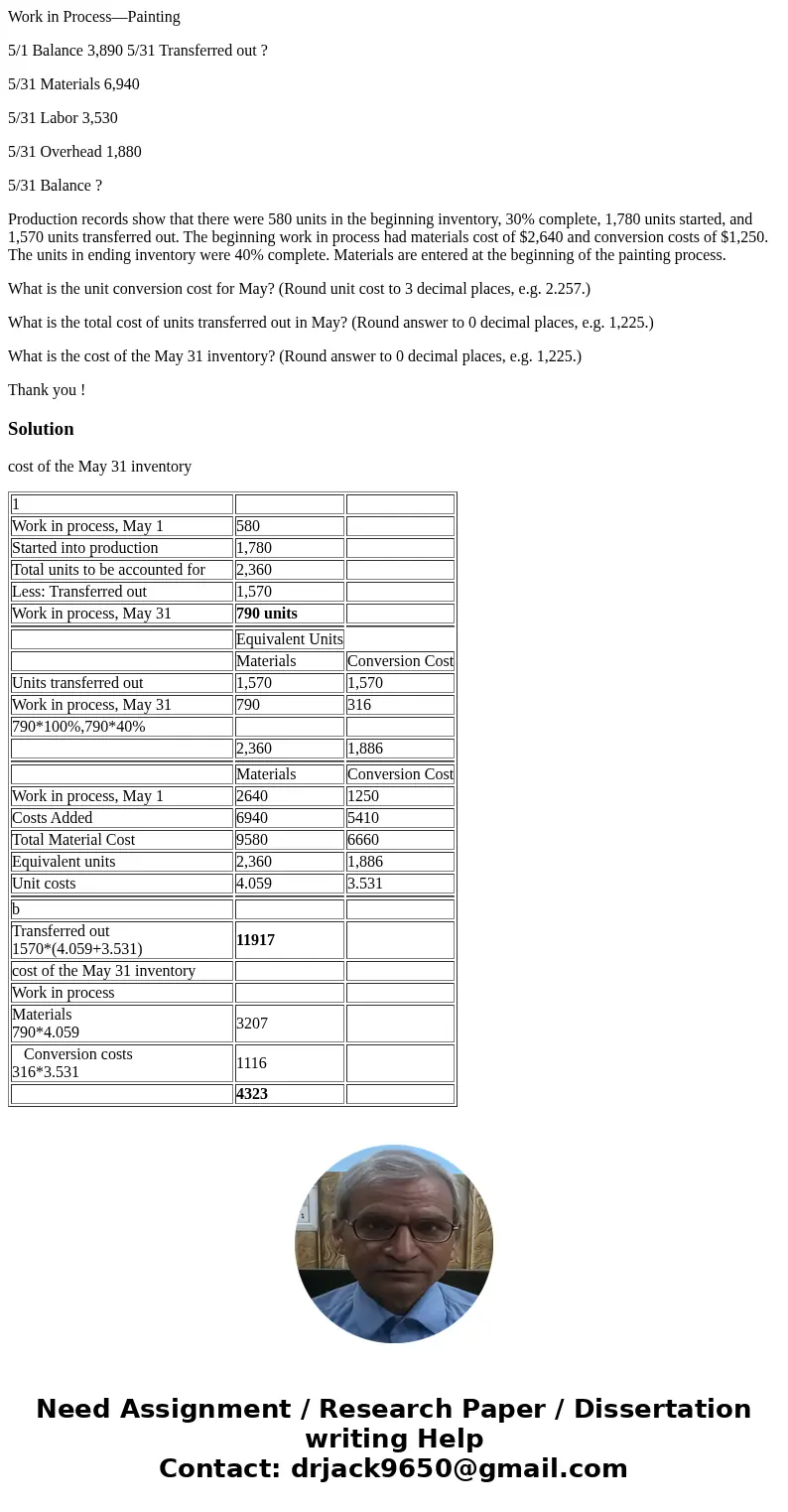 Exercise 16-3 The ledger of American Company has the following work in process account. Work in Process—Painting 5/1 Balance 3,890 5/31 Transferred out ? 5/31 M