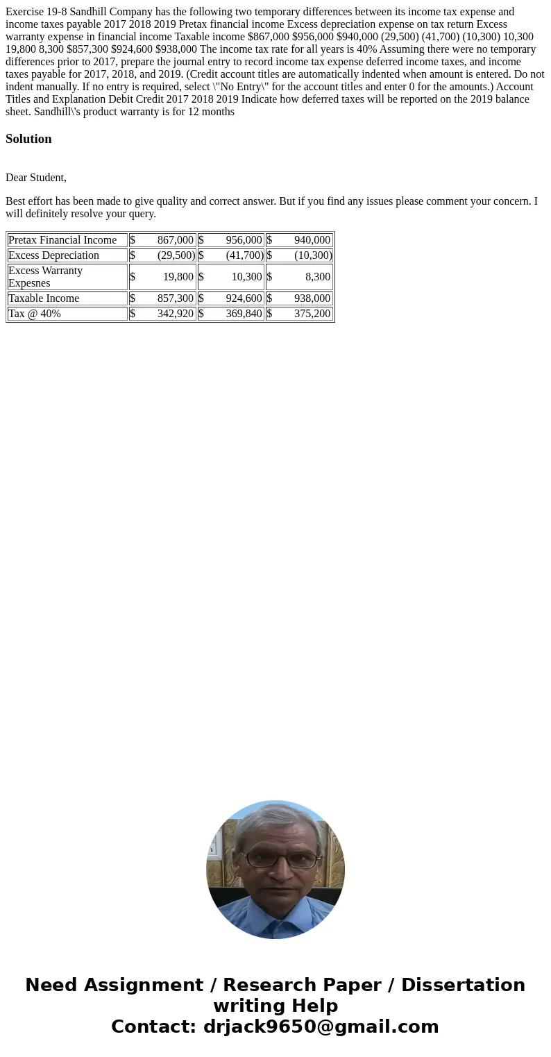  Exercise 19-8 Sandhill Company has the following two temporary differences between its income tax expense and income taxes payable 2017 2018 2019 Pretax financ