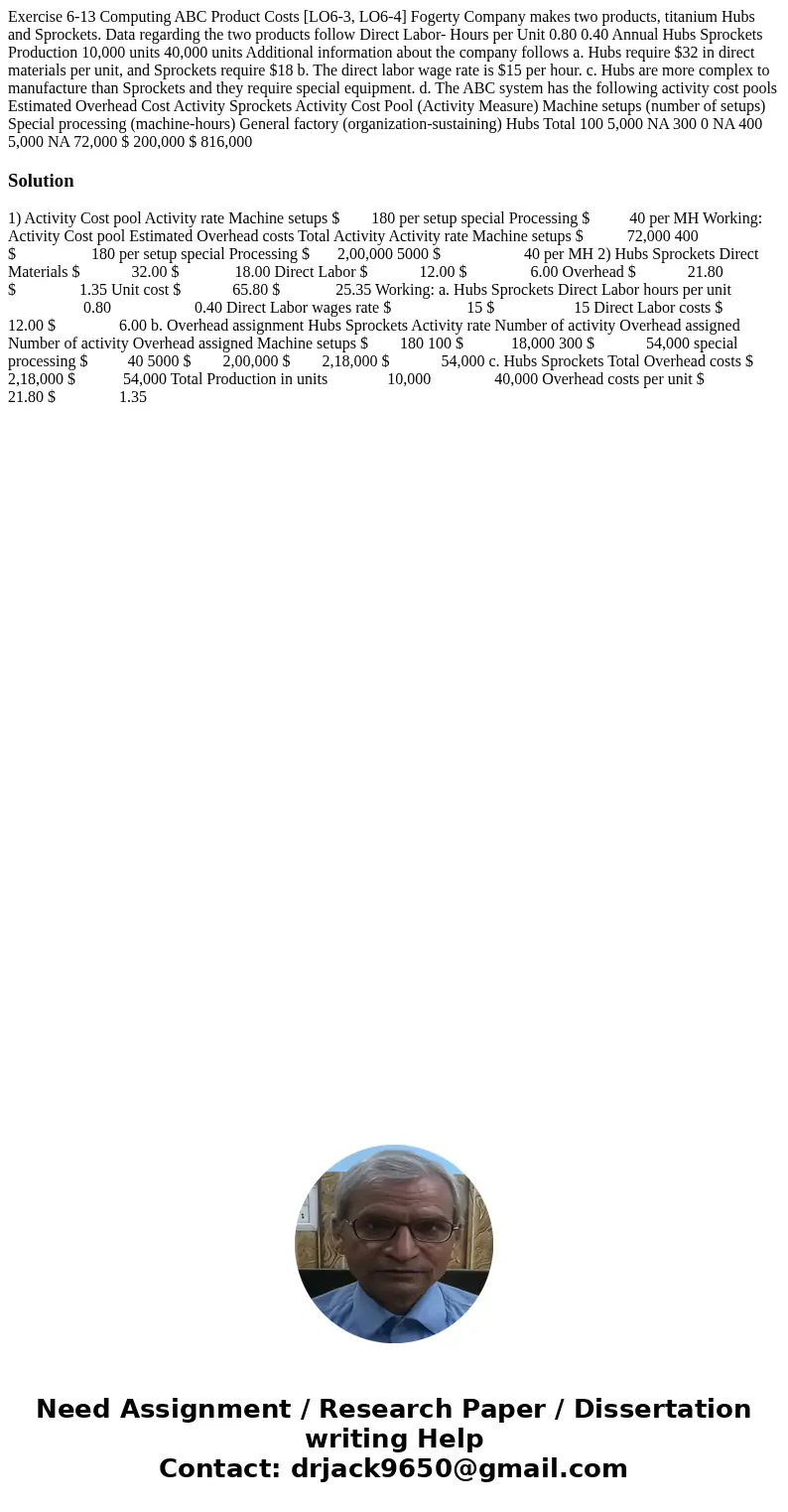  Exercise 6-13 Computing ABC Product Costs [LO6-3, LO6-4] Fogerty Company makes two products, titanium Hubs and Sprockets. Data regarding the two products follo