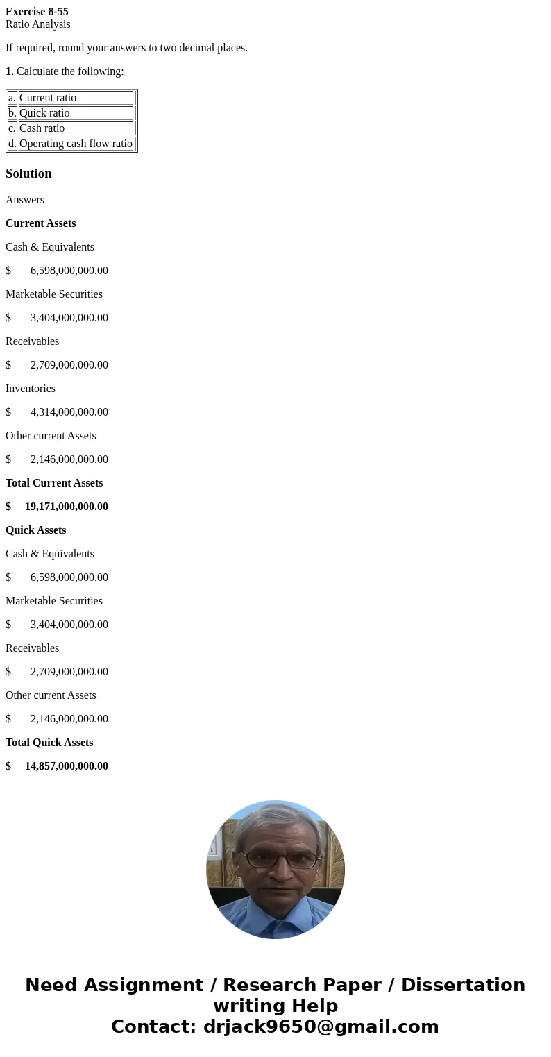 Exercise 8-55 Ratio Analysis If required, round your answers to two decimal places. 1. Calculate the following: a. Current ratio b. Quick ratio c. Cash ratio d.