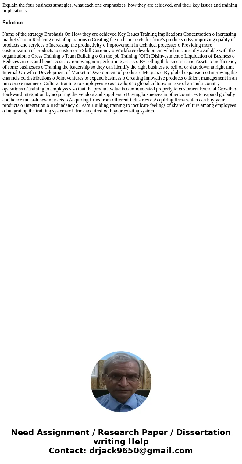 Explain the four business strategies, what each one emphasizes, how they are achieved, and their key issues and training implications.Solution Name of the strat Explain the four business strategies, what each one emphasizes, how they are achieved, and their key issues and training implications.Solution Name of the strat