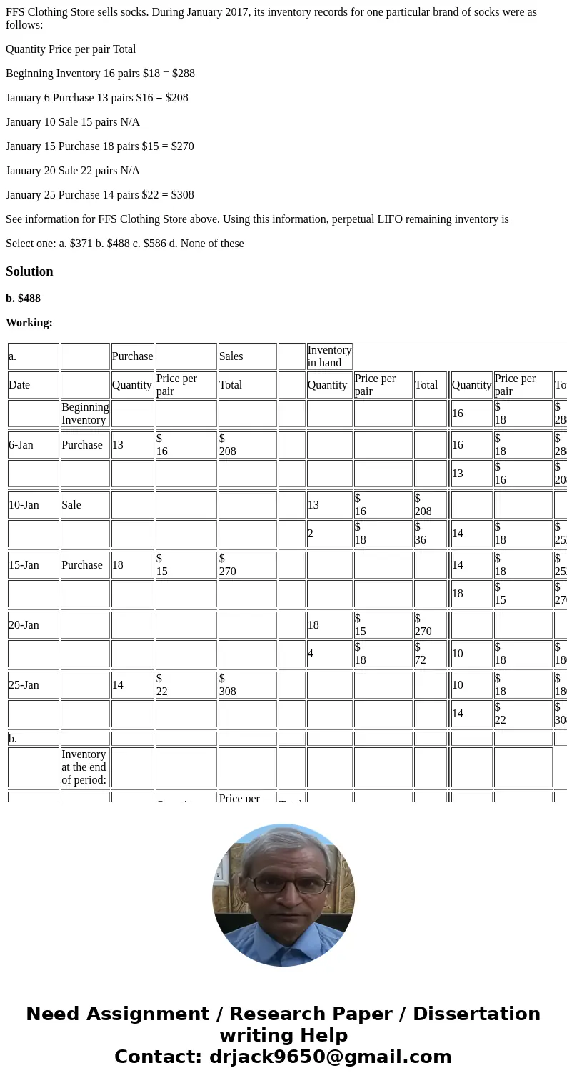 FFS Clothing Store sells socks. During January 2017, its inventory records for one particular brand of socks were as follows: Quantity Price per pair Total Begi