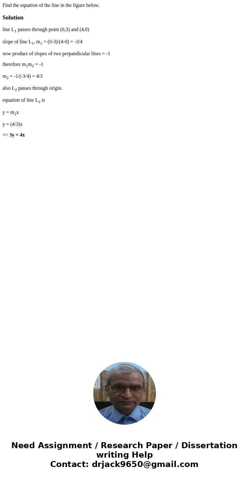 Find the equation of the line in the figure below. Solutionline L1 passes through point (0,3) and (4,0) slope of line L1, m1 = (0-3)/(4-0) = -3/4 now product o  Find the equation of the line in the figure below. Solutionline L1 passes through point (0,3) and (4,0) slope of line L1, m1 = (0-3)/(4-0) = -3/4 now product o