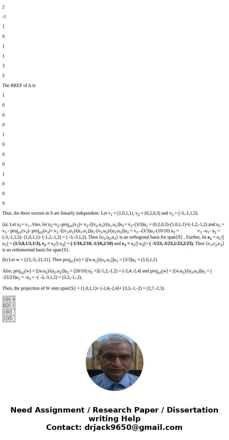 For the set of vectors S = {(1, 0, 1, 1), (0, 2, 0, 3), (-3, -1, 1, 5)} Use the Graham-Schrader procedure to find an orthonormal basis for the vector space spa  For the set of vectors S = {(1, 0, 1, 1), (0, 2, 0, 3), (-3, -1, 1, 5)} Use the Graham-Schrader procedure to find an orthonormal basis for the vector space spa