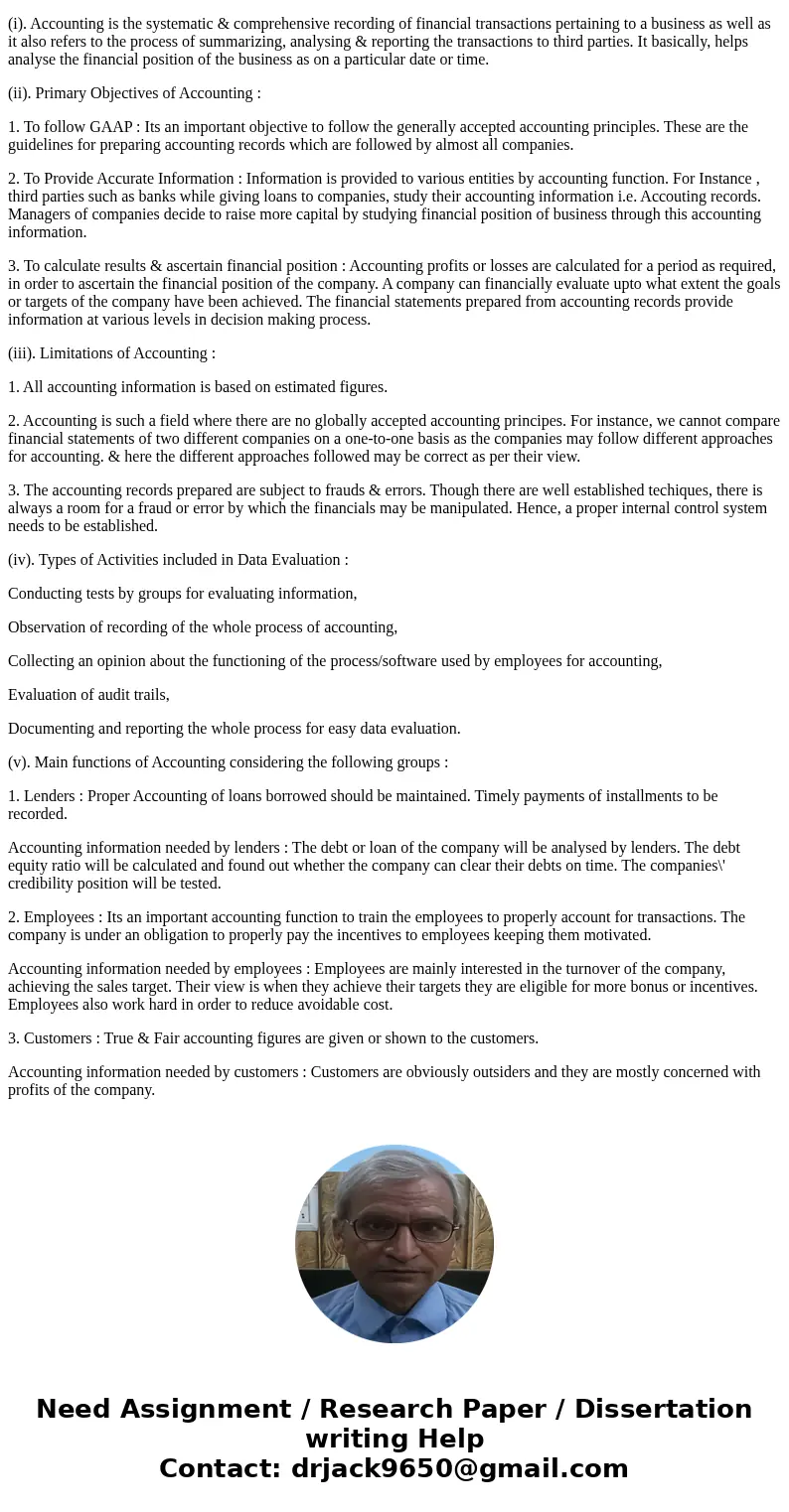 Give short answers for the following questions: i.Define ‘Accounting’. ii.Explain the primary objectives of accounting. iii.Discuss the limitations of accountin