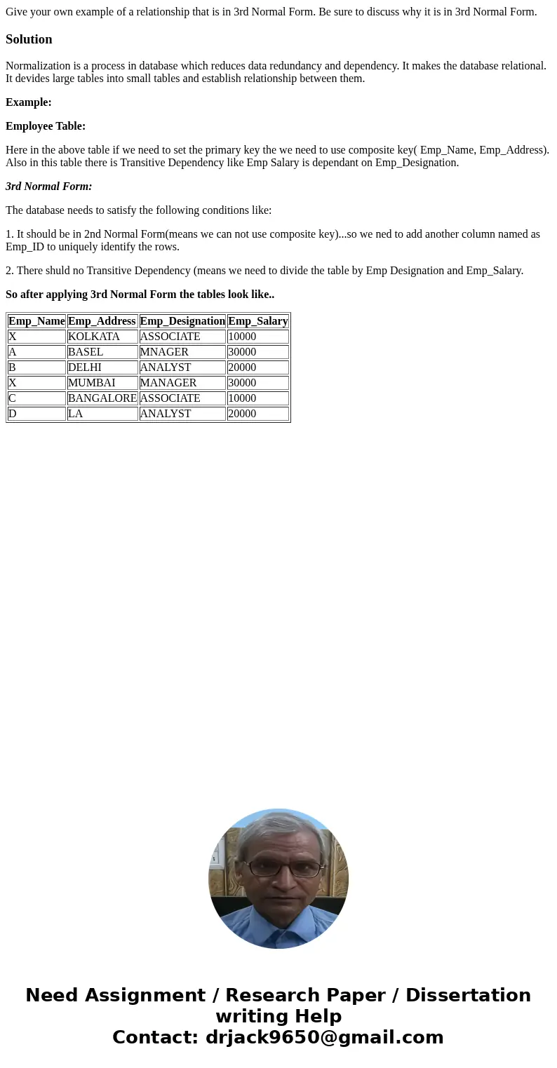 Give your own example of a relationship that is in 3rd Normal Form. Be sure to discuss why it is in 3rd Normal Form.SolutionNormalization is a process in databa Give your own example of a relationship that is in 3rd Normal Form. Be sure to discuss why it is in 3rd Normal Form.SolutionNormalization is a process in databa