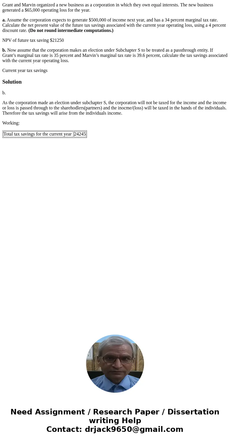 Grant and Marvin organized a new business as a corporation in which they own equal interests. The new business generated a $65,000 operating loss for the year. 