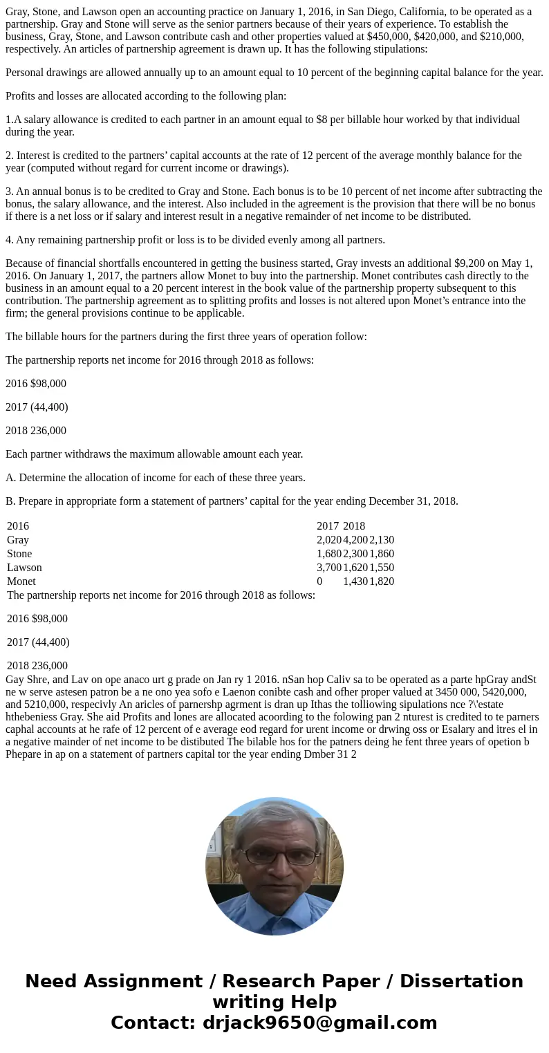 Gray, Stone, and Lawson open an accounting practice on January 1, 2016, in San Diego, California, to be operated as a partnership. Gray and Stone will serve as 