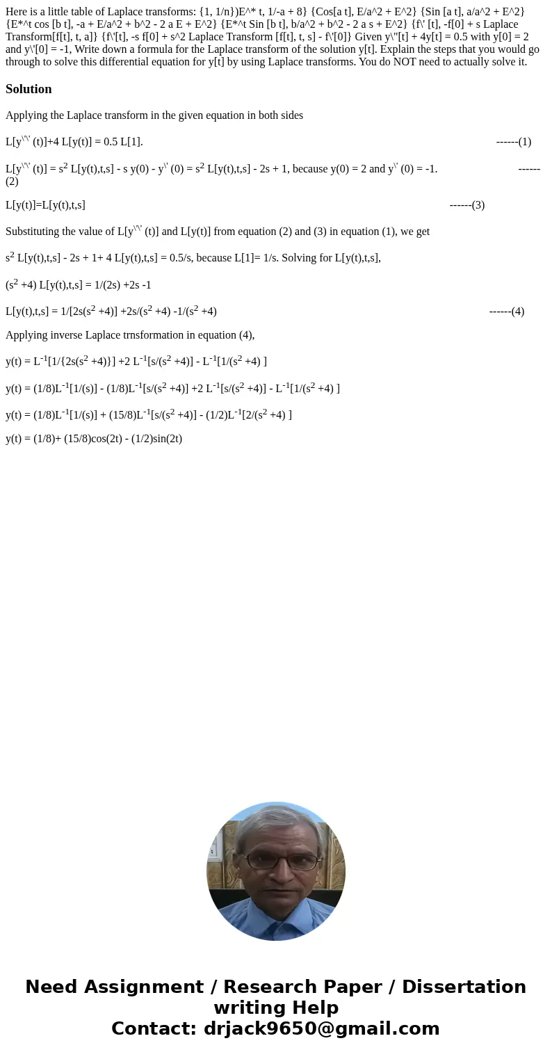  Here is a little table of Laplace transforms: {1, 1/n})E^* t, 1/-a + 8} {Cos[a t], E/a^2 + E^2} {Sin [a t], a/a^2 + E^2} {E*^t cos [b t], -a + E/a^2 + b^2 - 2 
