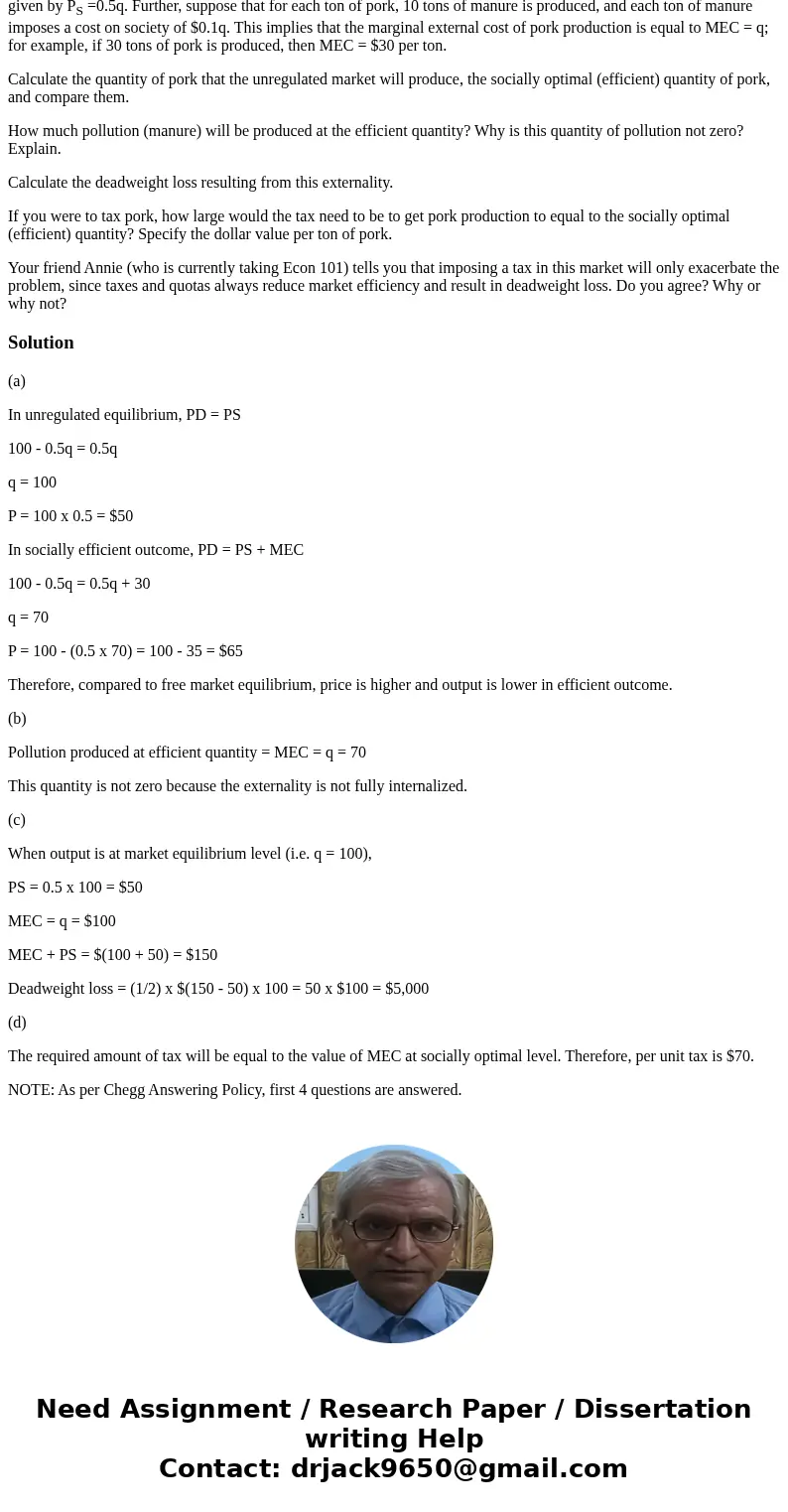 Hog farms produce vast amounts of manure that can seriously threaten human health and ecosystems. Suppose that demand for pork is given by PD = 100 – 0.5q, wher