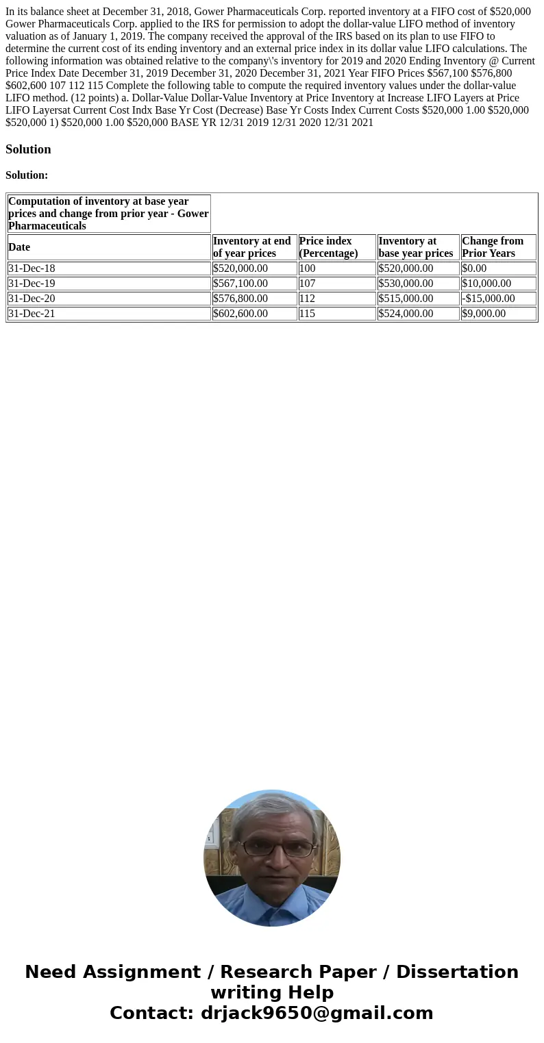  In its balance sheet at December 31, 2018, Gower Pharmaceuticals Corp. reported inventory at a FIFO cost of $520,000 Gower Pharmaceuticals Corp. applied to the