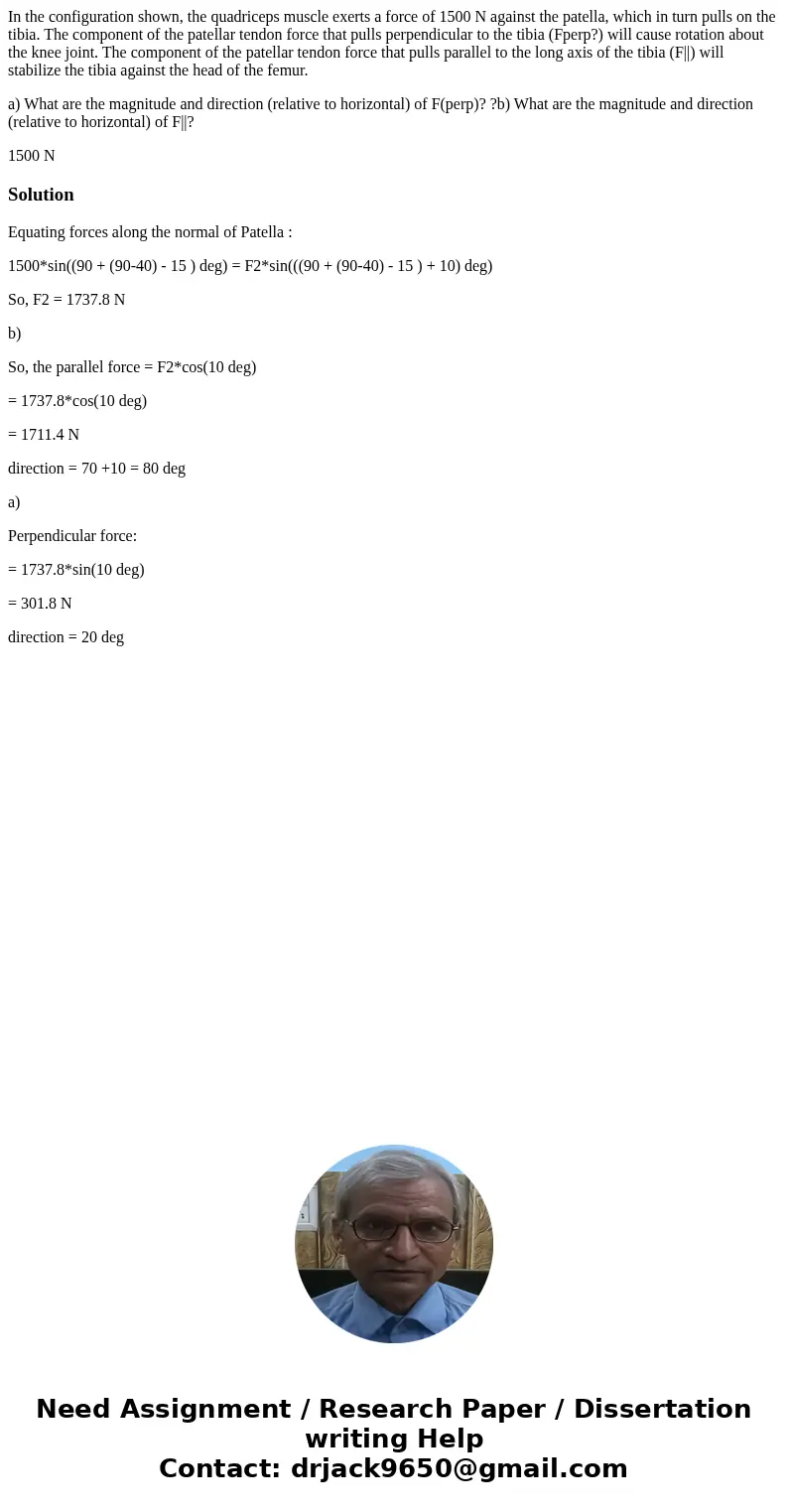 In the configuration shown, the quadriceps muscle exerts a force of 1500 N against the patella, which in turn pulls on the tibia. The component of the patellar  In the configuration shown, the quadriceps muscle exerts a force of 1500 N against the patella, which in turn pulls on the tibia. The component of the patellar