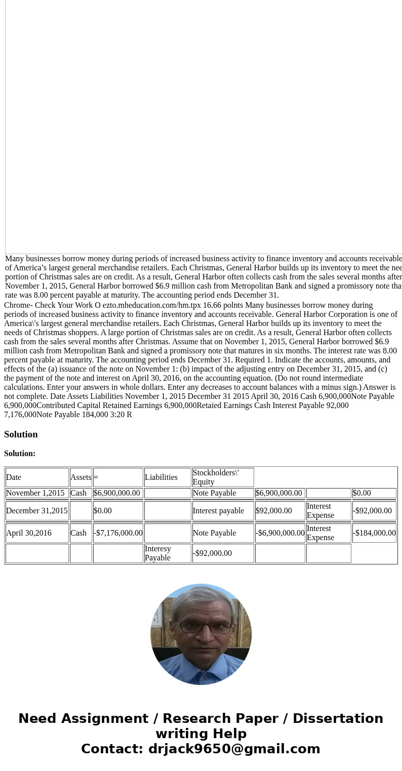 Indicate the accounts, amounts, and effects of the (a) issuance of the note on November 1; (b) impact of the adjusting entry on December 31, 2015; and (c) the p