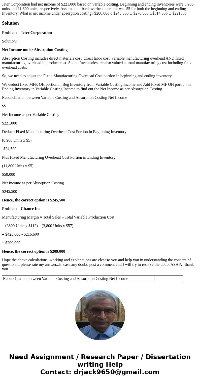  Jeter Corporation had net income of $221,000 based on varlable costing. Beginning and ending inventories were 6,900 units and 11,800 units, respectively. Assum