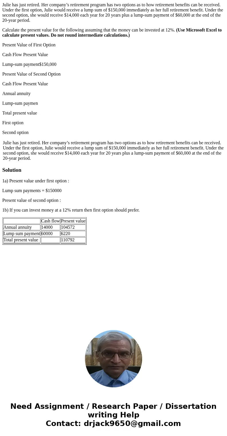 Julie has just retired. Her company’s retirement program has two options as to how retirement benefits can be received. Under the first option, Julie would rece