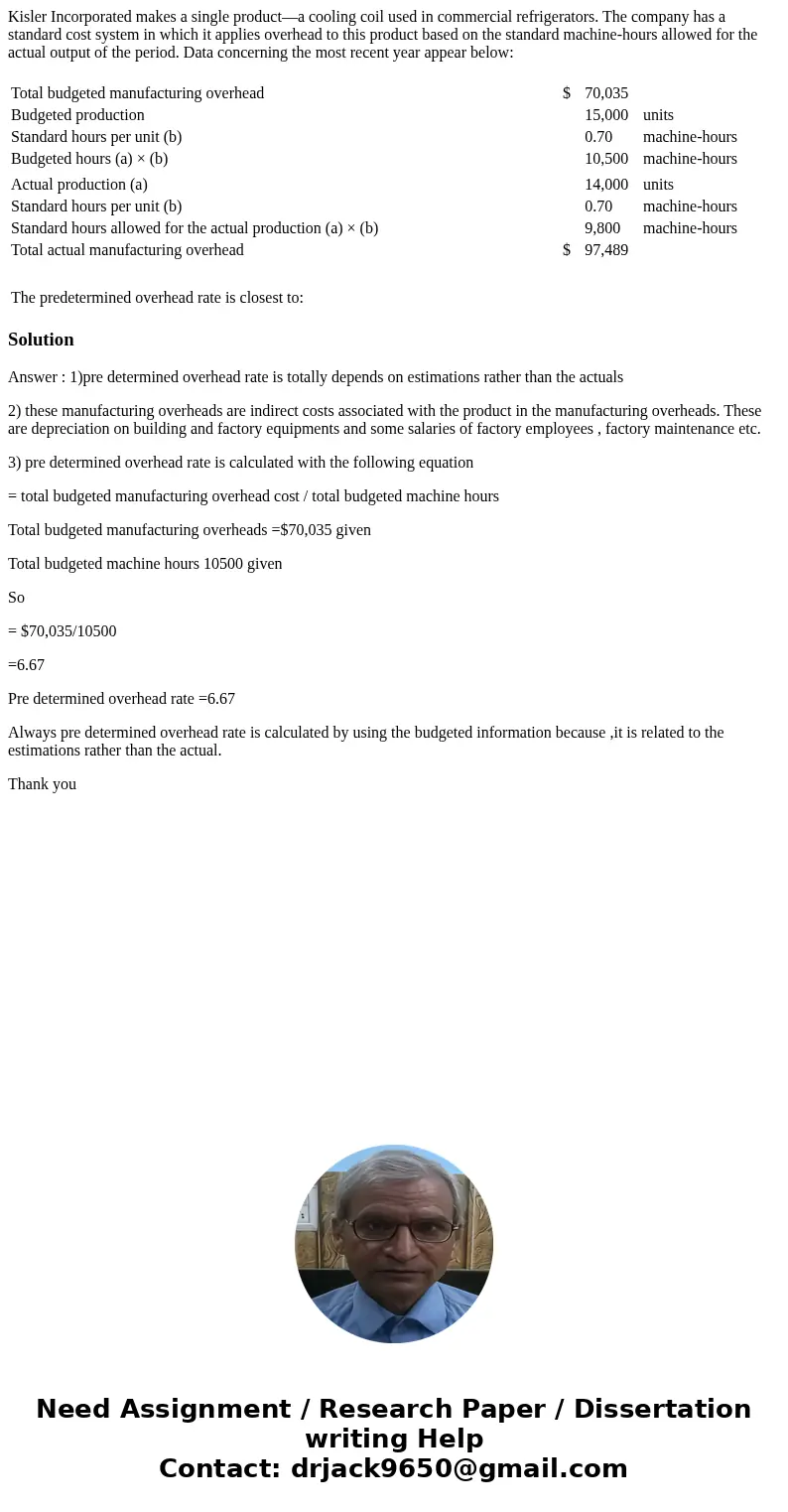 Kisler Incorporated makes a single product—a cooling coil used in commercial refrigerators. The company has a standard cost system in which it applies overhead 