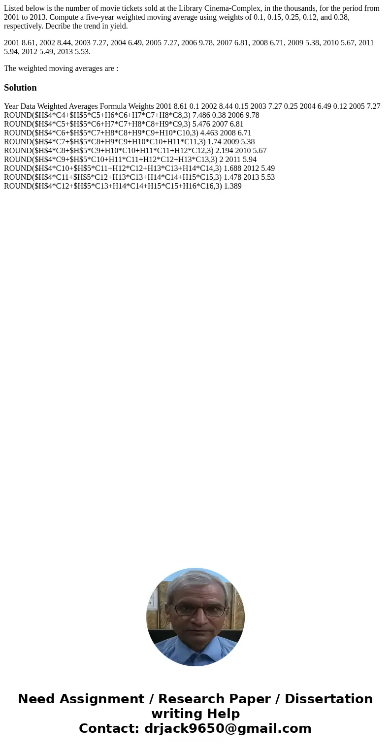 Listed below is the number of movie tickets sold at the Library Cinema-Complex, in the thousands, for the period from 2001 to 2013. Compute a five-year weighted