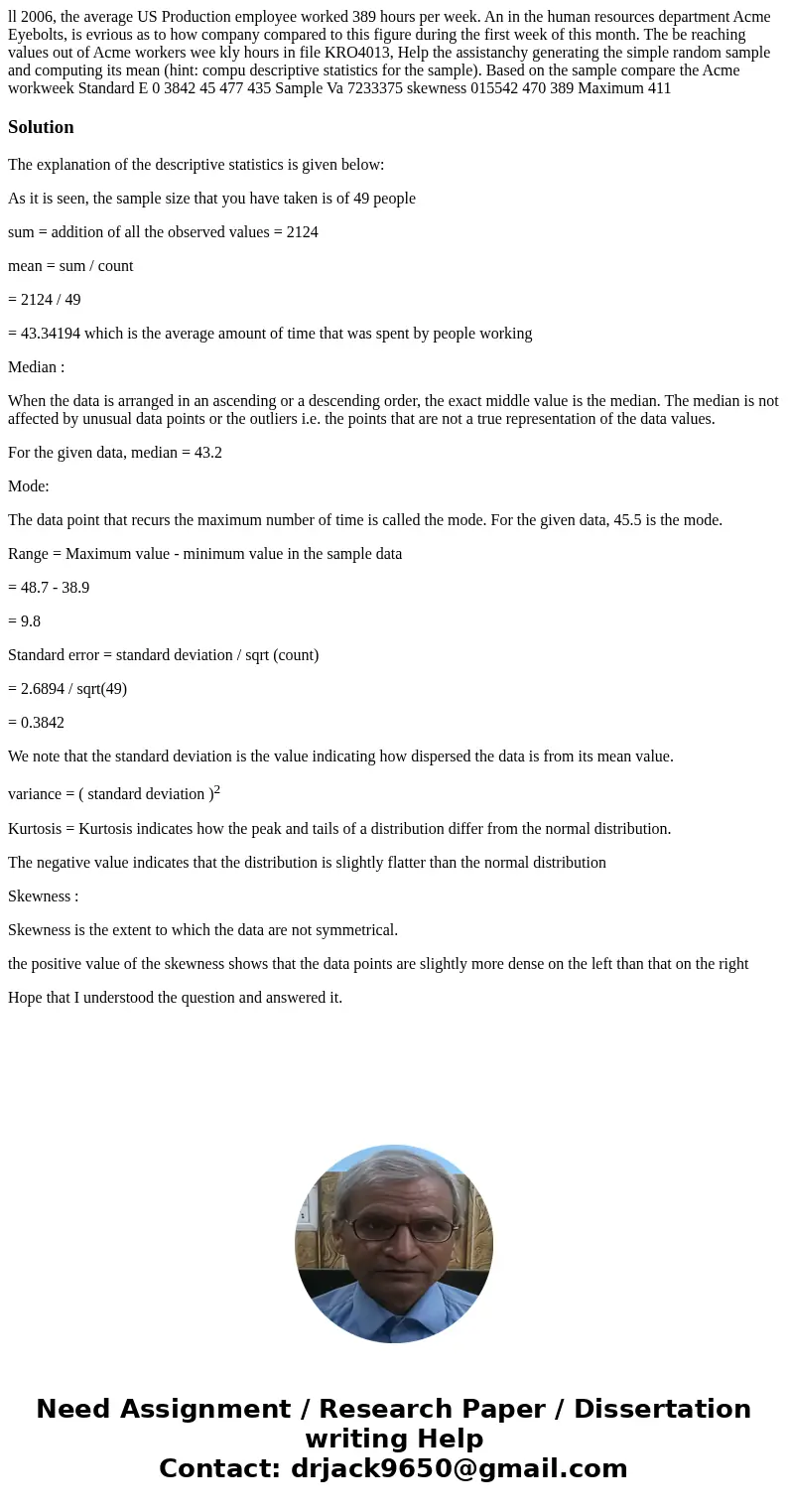 ll 2006, the average US Production employee worked 389 hours per week. An in the human resources department Acme Eyebolts, is evrious as to how company compare  ll 2006, the average US Production employee worked 389 hours per week. An in the human resources department Acme Eyebolts, is evrious as to how company compare