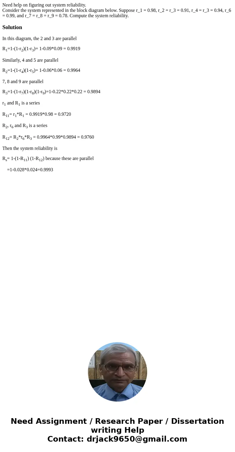 Need help on figuring out system reliability. Consider the system represented in the block diagram below. Suppose r_1 = 0.98, r_2 = r_3 = 0.91, r_4 = r_3 = 0.94