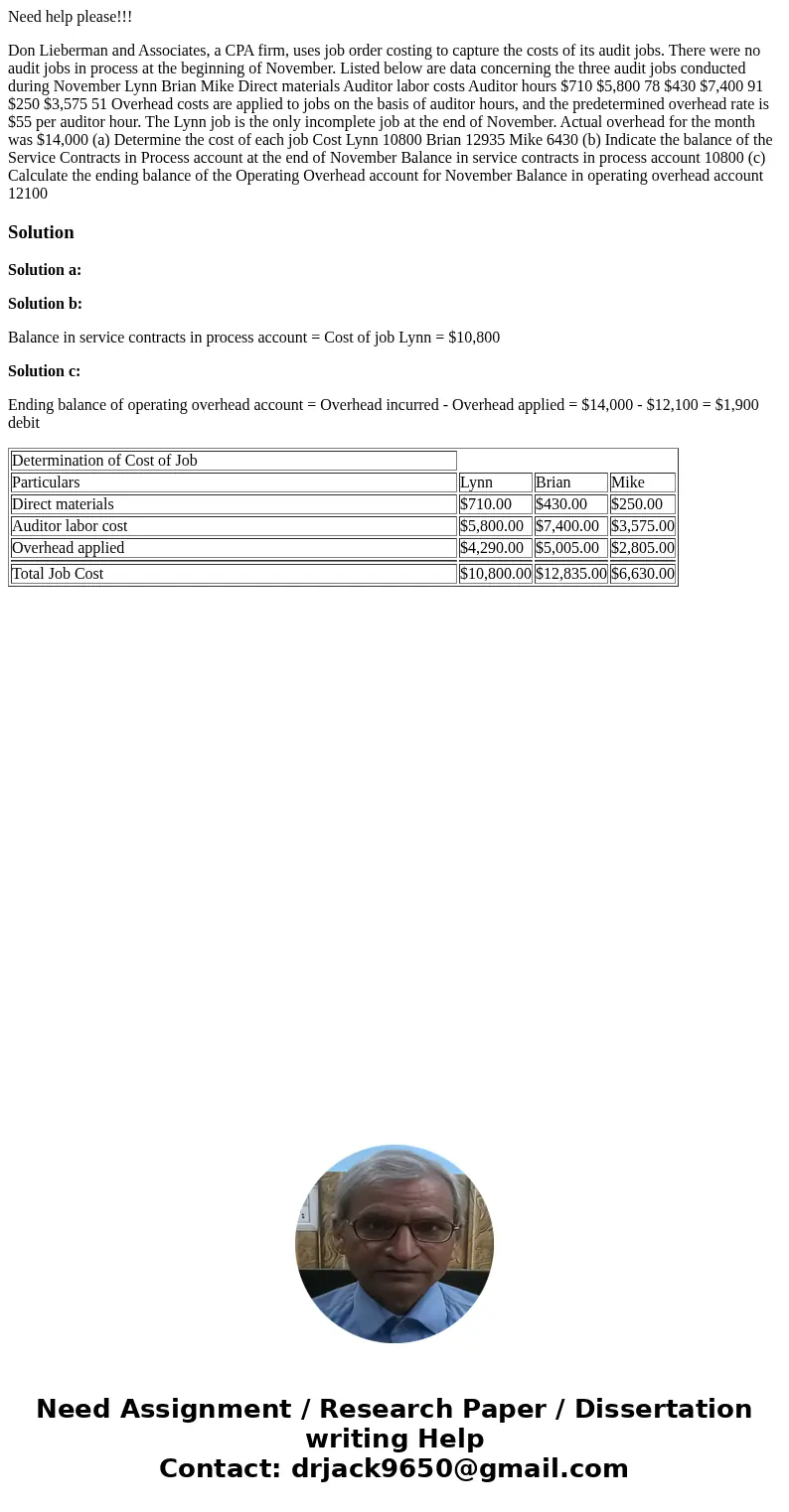 Need help please!!! Don Lieberman and Associates, a CPA firm, uses job order costing to capture the costs of its audit jobs. There were no audit jobs in process