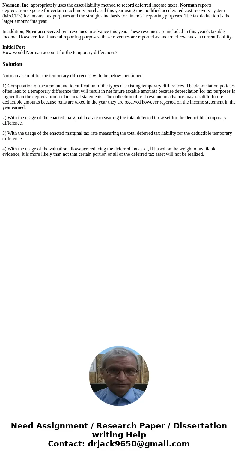 Norman, Inc. appropriately uses the asset-liability method to record deferred income taxes. Norman reports depreciation expense for certain machinery purchased  Norman, Inc. appropriately uses the asset-liability method to record deferred income taxes. Norman reports depreciation expense for certain machinery purchased