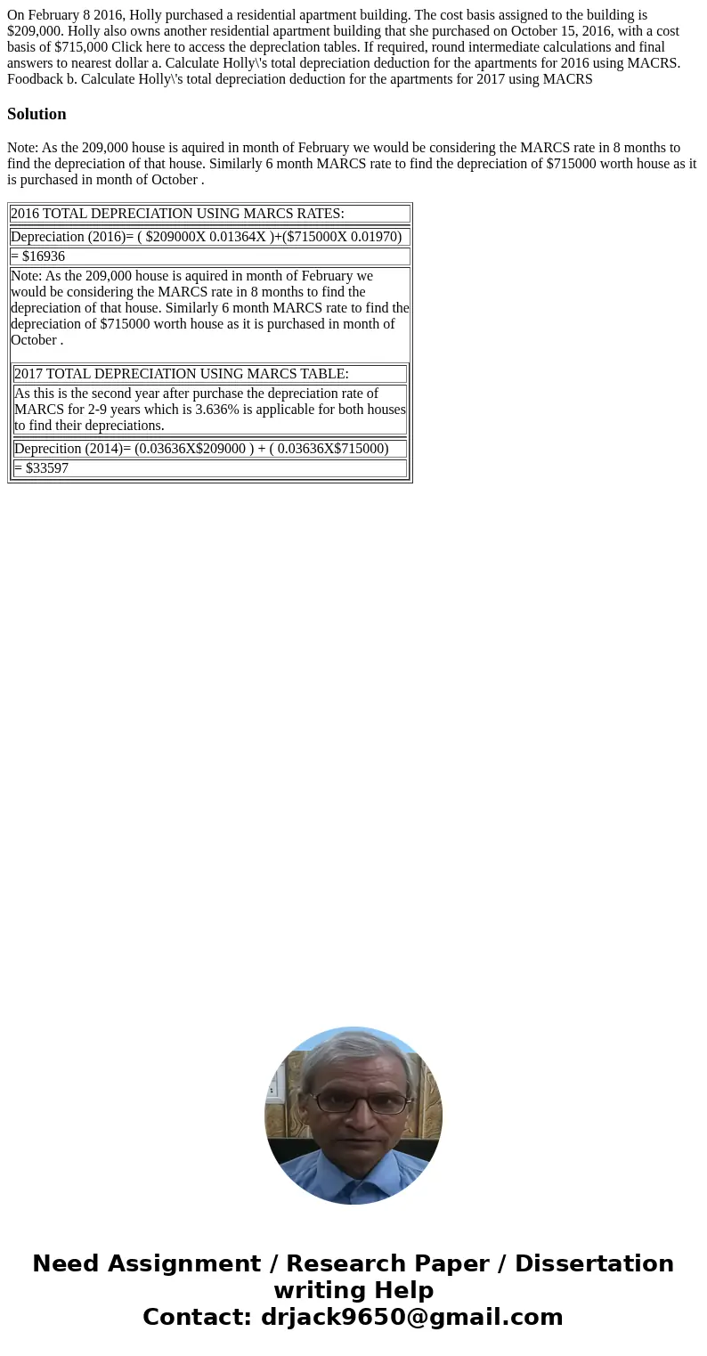 On February 8 2016, Holly purchased a residential apartment building. The cost basis assigned to the building is $209,000. Holly also owns another residential   On February 8 2016, Holly purchased a residential apartment building. The cost basis assigned to the building is $209,000. Holly also owns another residential