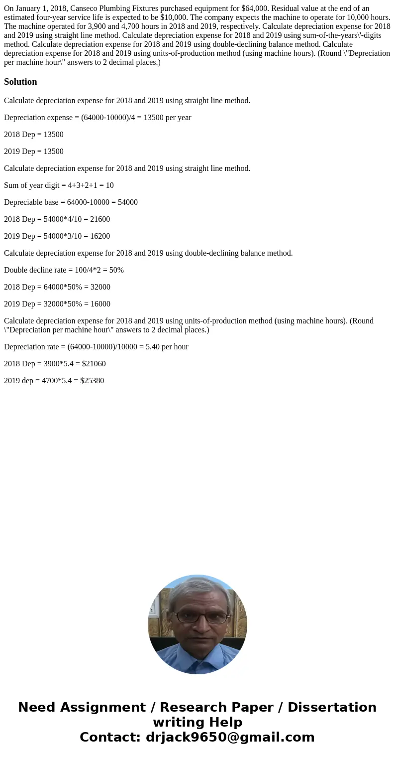 On January 1, 2018, Canseco Plumbing Fixtures purchased equipment for $64,000. Residual value at the end of an estimated four-year service life is expected to b On January 1, 2018, Canseco Plumbing Fixtures purchased equipment for $64,000. Residual value at the end of an estimated four-year service life is expected to b