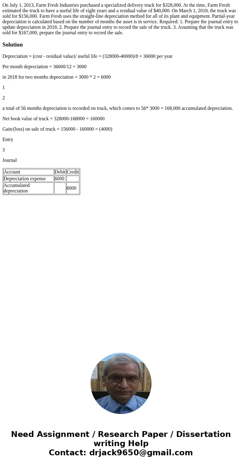 On July 1, 2013, Farm Fresh Industries purchased a specialized delivery truck for $328,000. At the time, Farm Fresh estimated the truck to have a useful life of