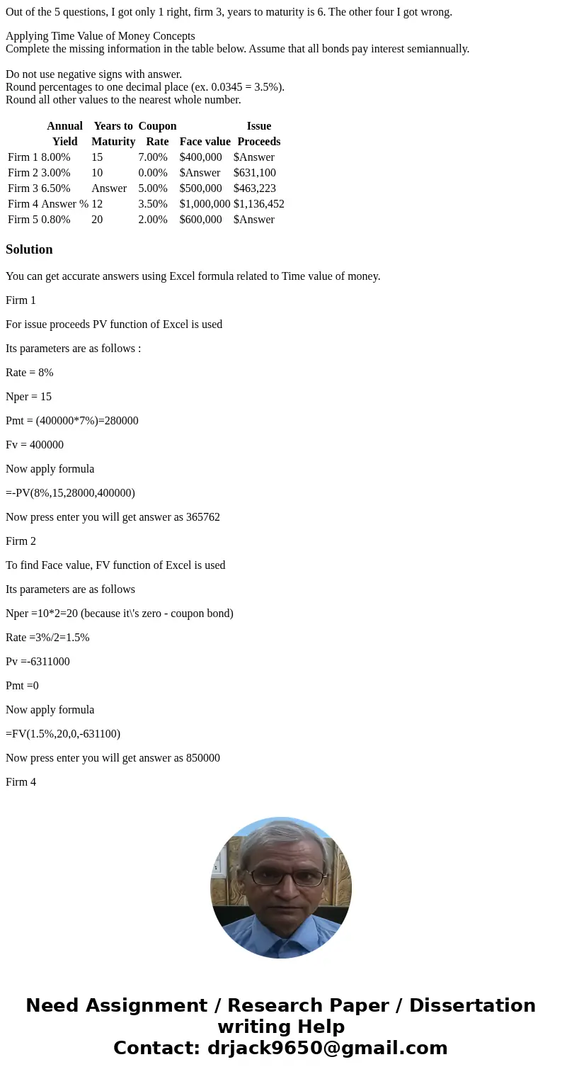 Out of the 5 questions, I got only 1 right, firm 3, years to maturity is 6. The other four I got wrong. Applying Time Value of Money Concepts Complete the missi Out of the 5 questions, I got only 1 right, firm 3, years to maturity is 6. The other four I got wrong. Applying Time Value of Money Concepts Complete the missi