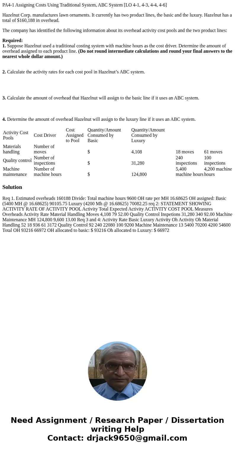 PA4-1 Assigning Costs Using Traditional System, ABC System [LO 4-1, 4-3, 4-4, 4-6] Hazelnut Corp. manufactures lawn ornaments. It currently has two product line