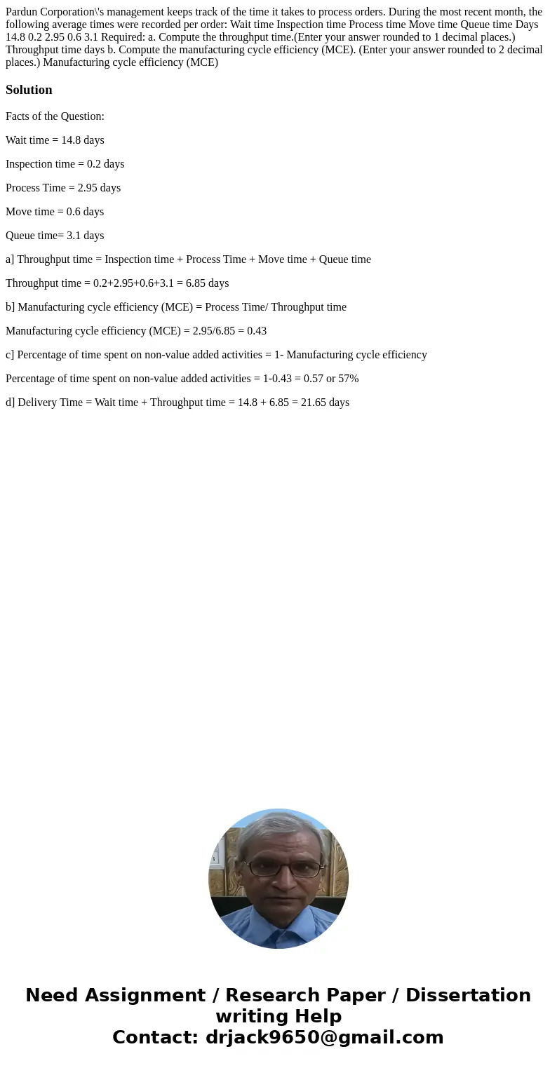 Pardun Corporation\'s management keeps track of the time it takes to process orders. During the most recent month, the following average times were recorded pe
