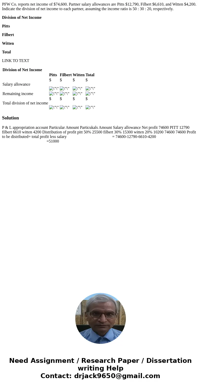 PFW Co. reports net income of $74,600. Partner salary allowances are Pitts $12,790, Filbert $6,610, and Witten $4,200. Indicate the division of net income to ea