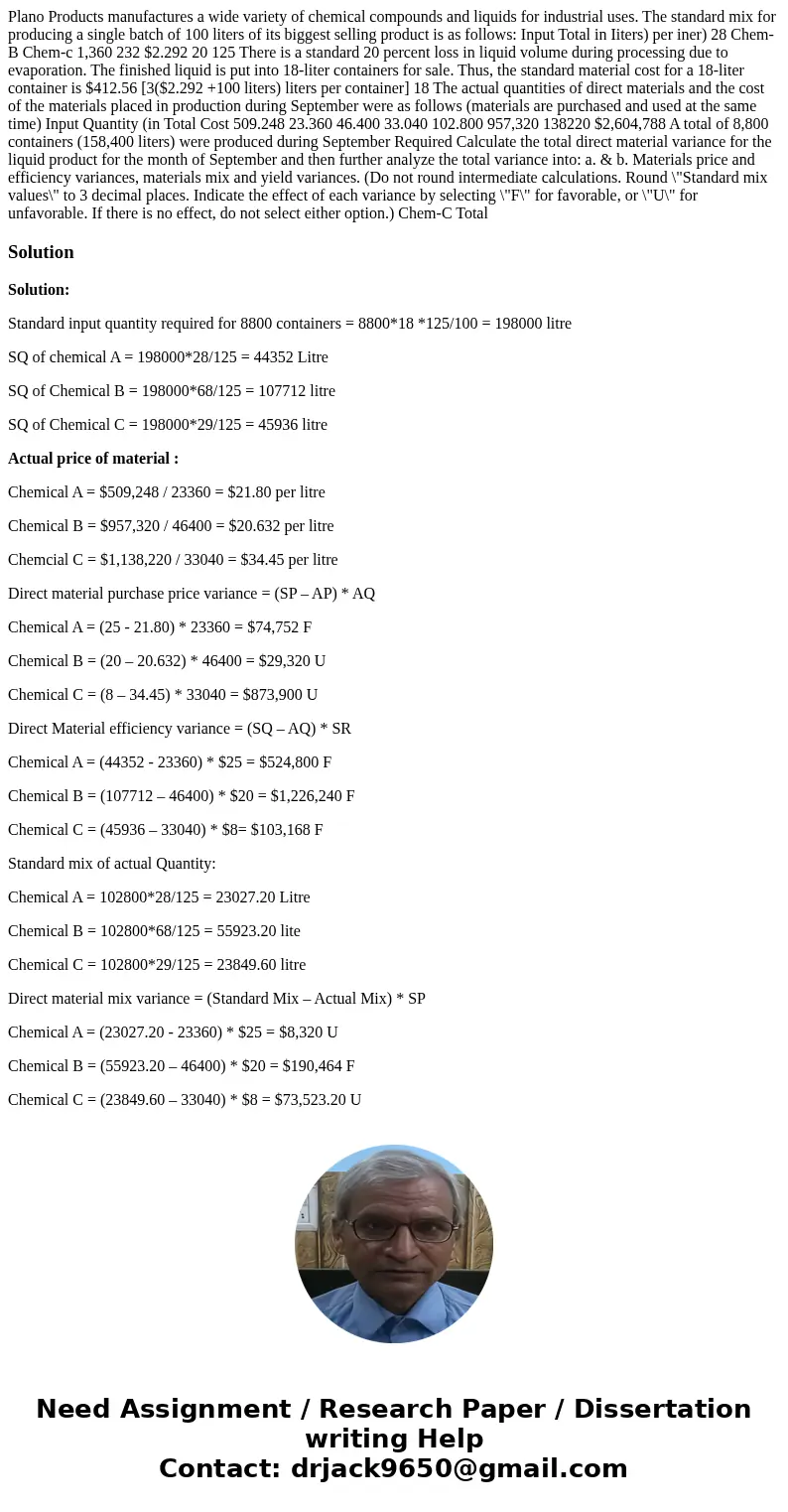  Plano Products manufactures a wide variety of chemical compounds and liquids for industrial uses. The standard mix for producing a single batch of 100 liters o
