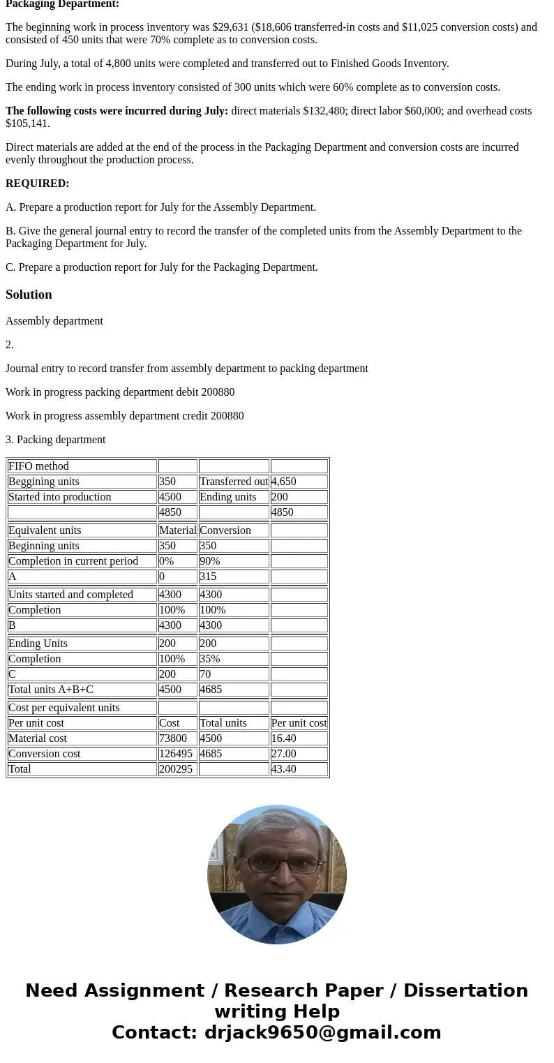 Please help! USE FIRST-IN, FIRST-OUT COSTING Sulu Company produces its finished product in two processing departments--Assembly and Packaging. The following inf