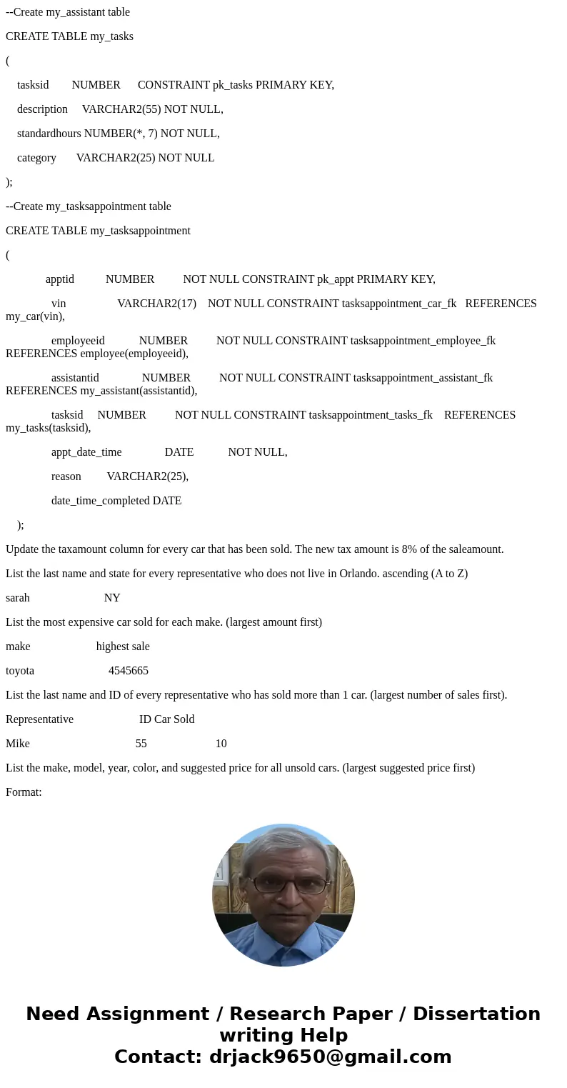 Please I need this to be done in oracle sql. I only need the commands. you can test it in any other database CREATE TABLE employee ( employeeid NUMBER NOT NULL  Please I need this to be done in oracle sql. I only need the commands. you can test it in any other database CREATE TABLE employee ( employeeid NUMBER NOT NULL