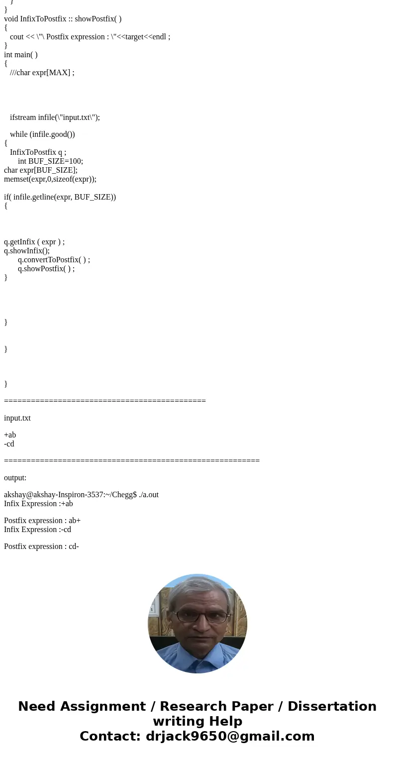 Please need help on C++ language. Infix to Postfix) Write a program that converts an infix expression into an equivalent postfix expression. The rules to conver Please need help on C++ language. Infix to Postfix) Write a program that converts an infix expression into an equivalent postfix expression. The rules to conver