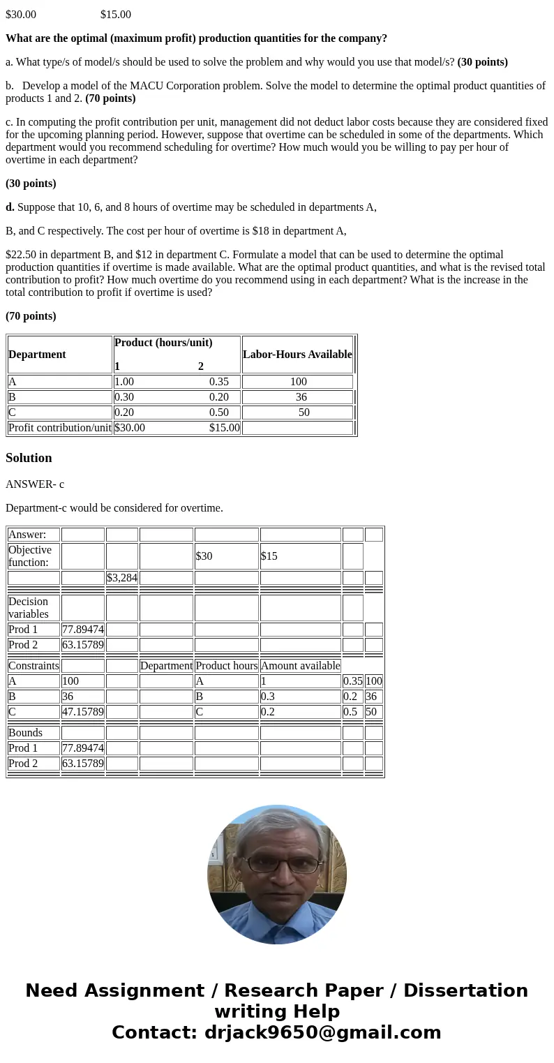 Please show how you get the answers for part C & D. The management of MACU Corporation is trying to determine the amount of each of two products to produce 