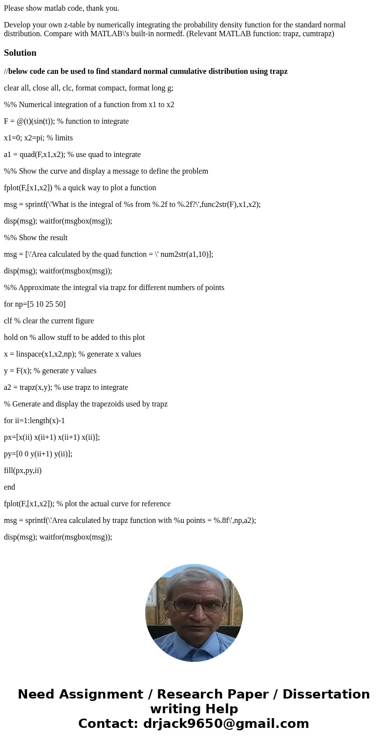 Please show matlab code, thank you. Develop your own z-table by numerically integrating the probability density function for the standard normal distribution. C Please show matlab code, thank you. Develop your own z-table by numerically integrating the probability density function for the standard normal distribution. C