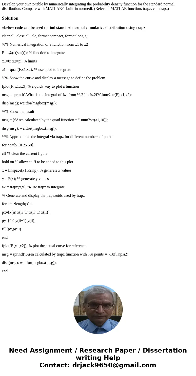Please show matlab code, thank you. Develop your own z-table by numerically integrating the probability density function for the standard normal distribution. C Please show matlab code, thank you. Develop your own z-table by numerically integrating the probability density function for the standard normal distribution. C