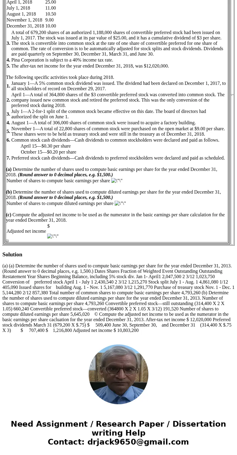 Price per Share Charles Austin of the controller’s office of Pina Corporation was given the assignment of determining the basic and diluted earnings per share v