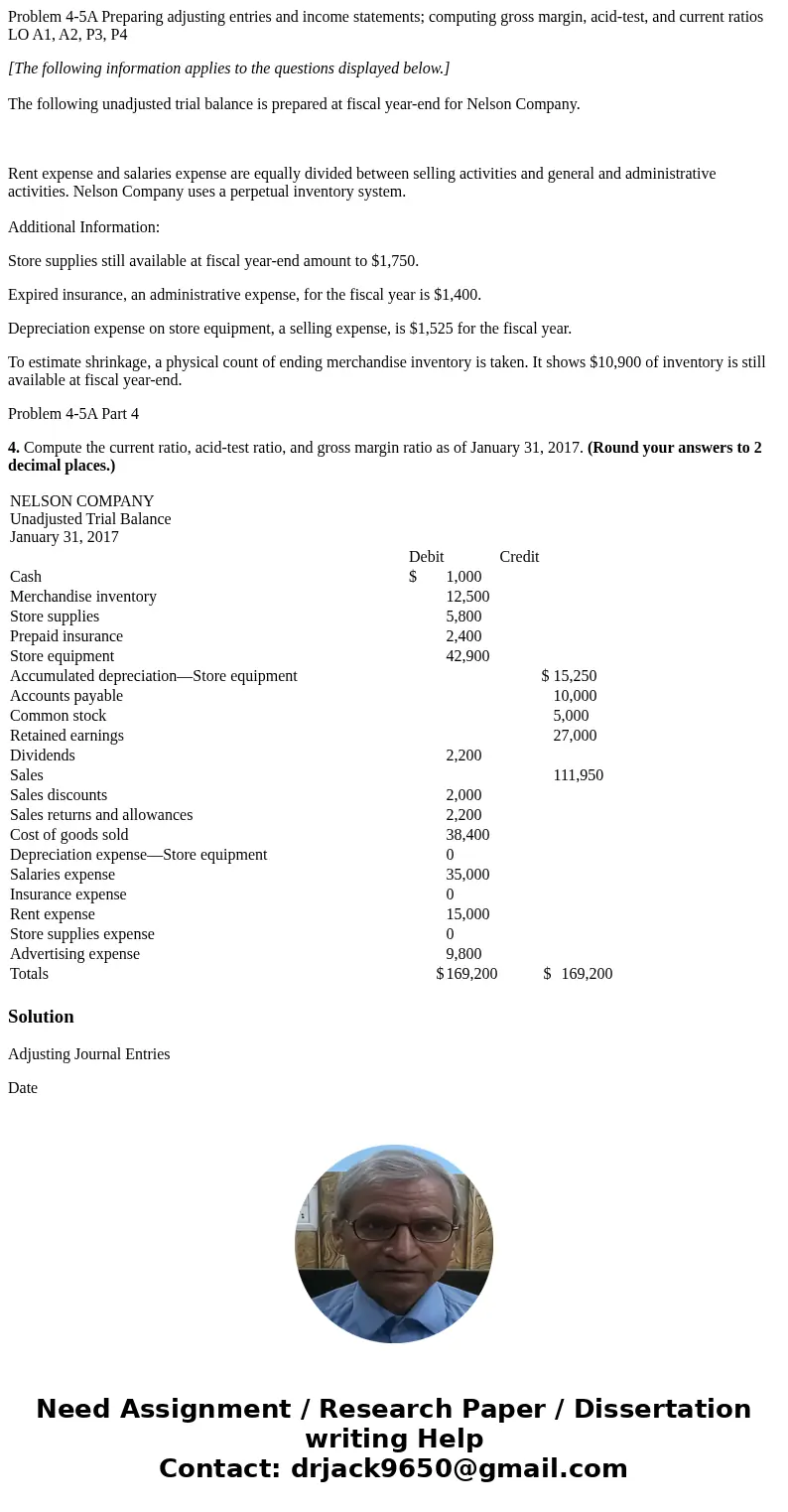 Problem 4-5A Preparing adjusting entries and income statements; computing gross margin, acid-test, and current ratios LO A1, A2, P3, P4 [The following informati