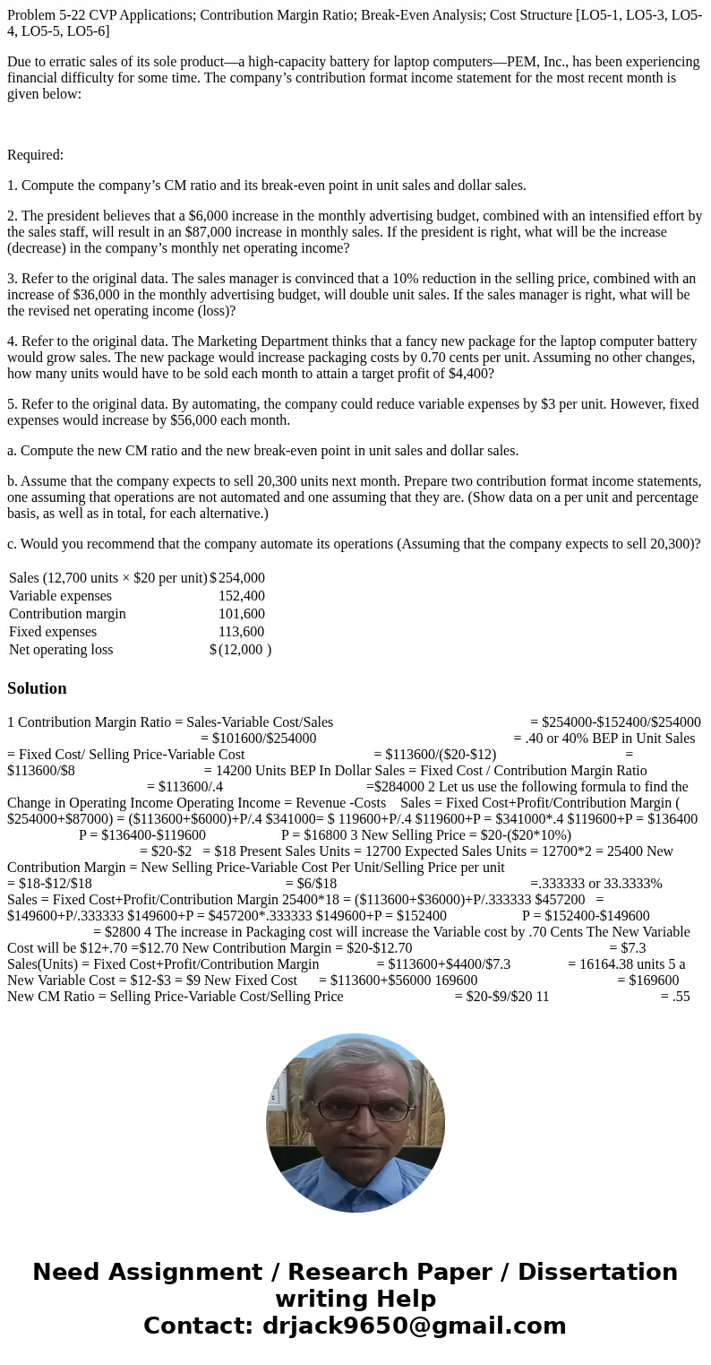 Problem 5-22 CVP Applications; Contribution Margin Ratio; Break-Even Analysis; Cost Structure [LO5-1, LO5-3, LO5-4, LO5-5, LO5-6] Due to erratic sales of its so