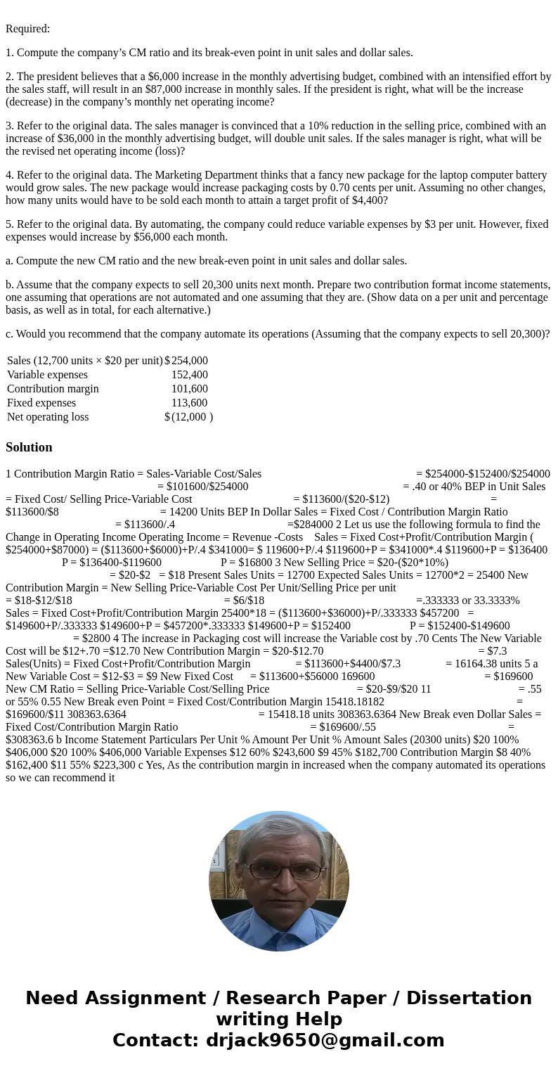 Problem 5-22 CVP Applications; Contribution Margin Ratio; Break-Even Analysis; Cost Structure [LO5-1, LO5-3, LO5-4, LO5-5, LO5-6] Due to erratic sales of its so