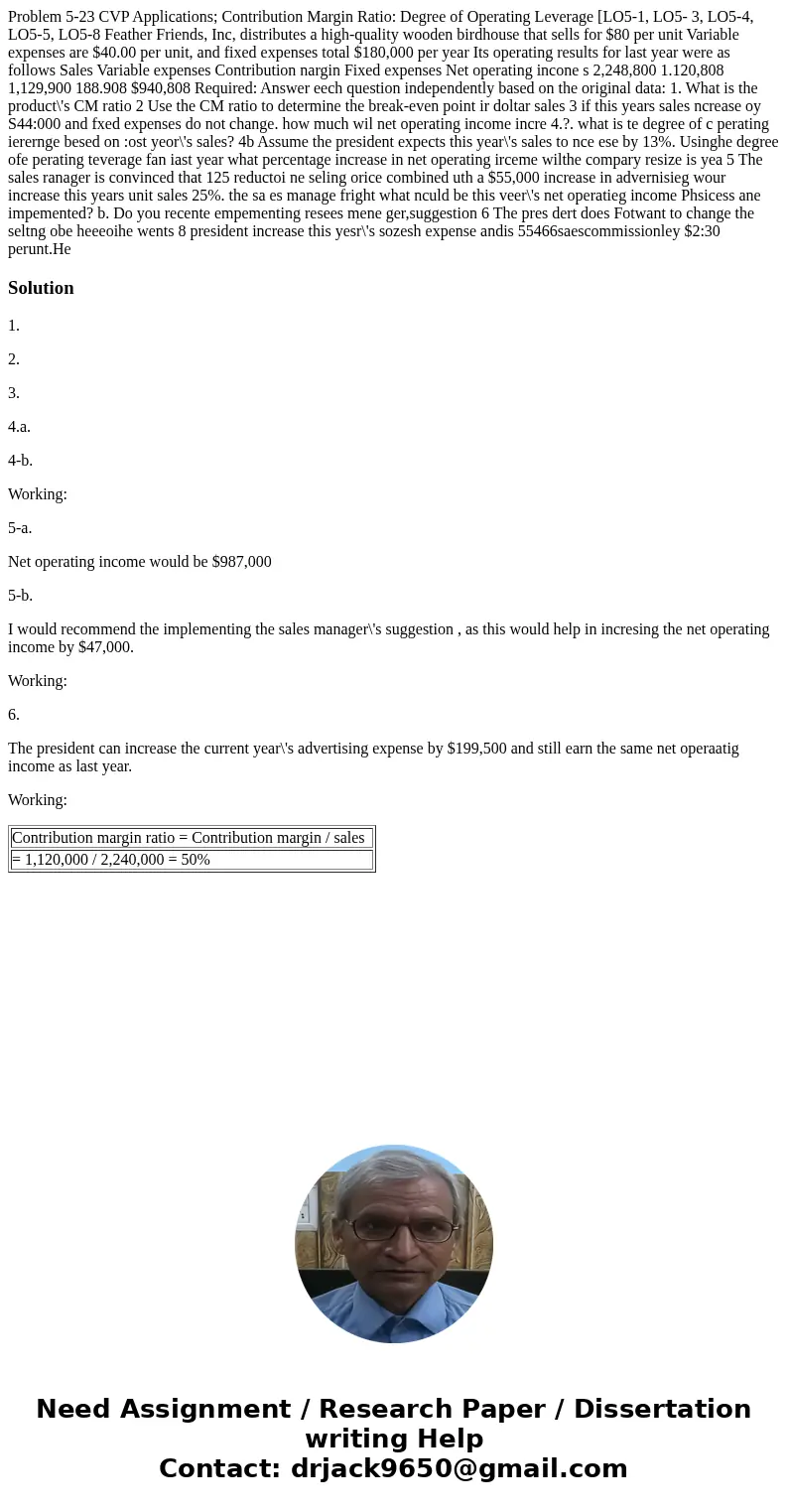  Problem 5-23 CVP Applications; Contribution Margin Ratio: Degree of Operating Leverage [LO5-1, LO5- 3, LO5-4, LO5-5, LO5-8 Feather Friends, Inc, distributes a 