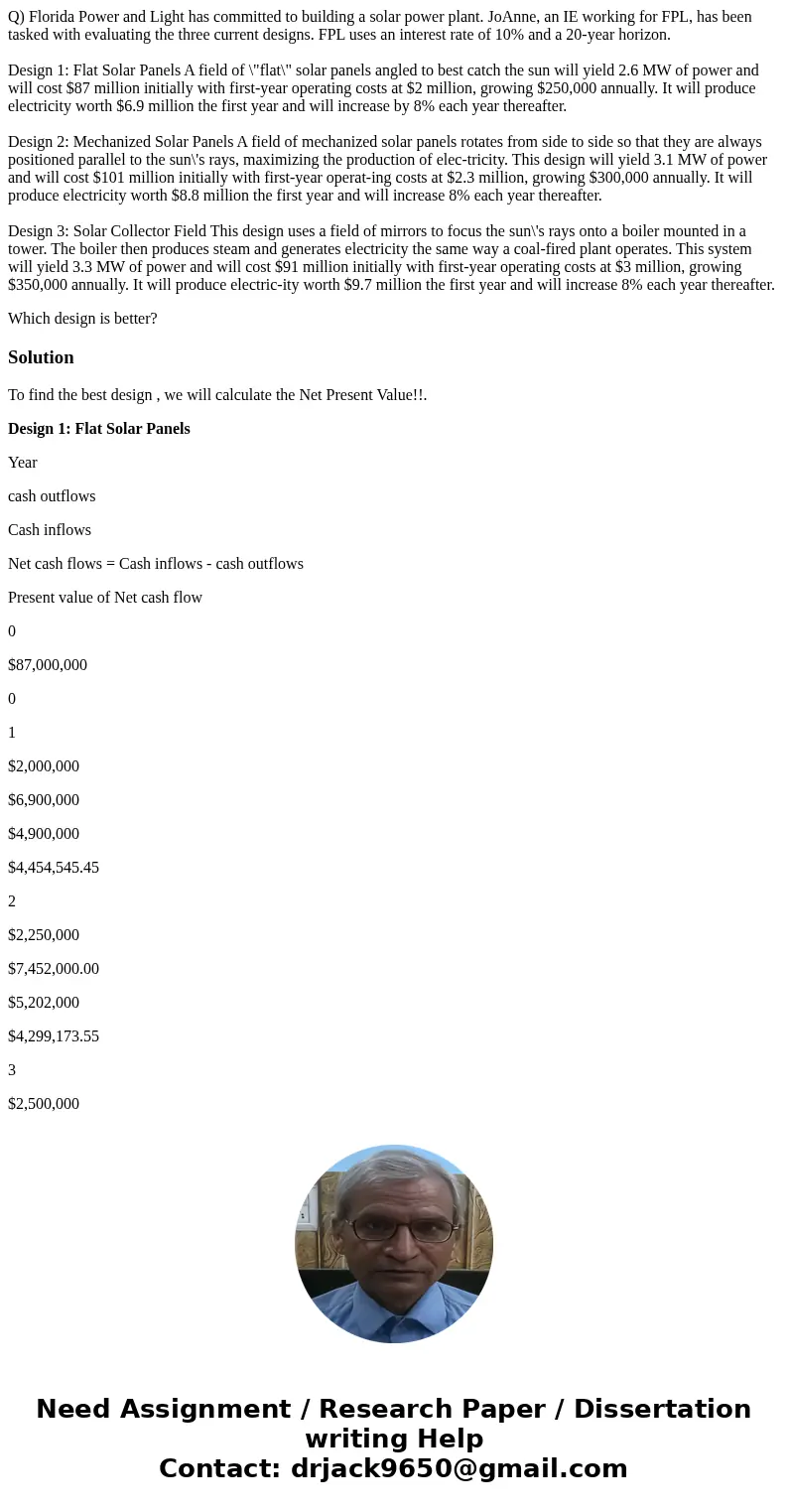 Q) Florida Power and Light has committed to building a solar power plant. JoAnne, an IE working for FPL, has been tasked with evaluating the three current desig Q) Florida Power and Light has committed to building a solar power plant. JoAnne, an IE working for FPL, has been tasked with evaluating the three current desig