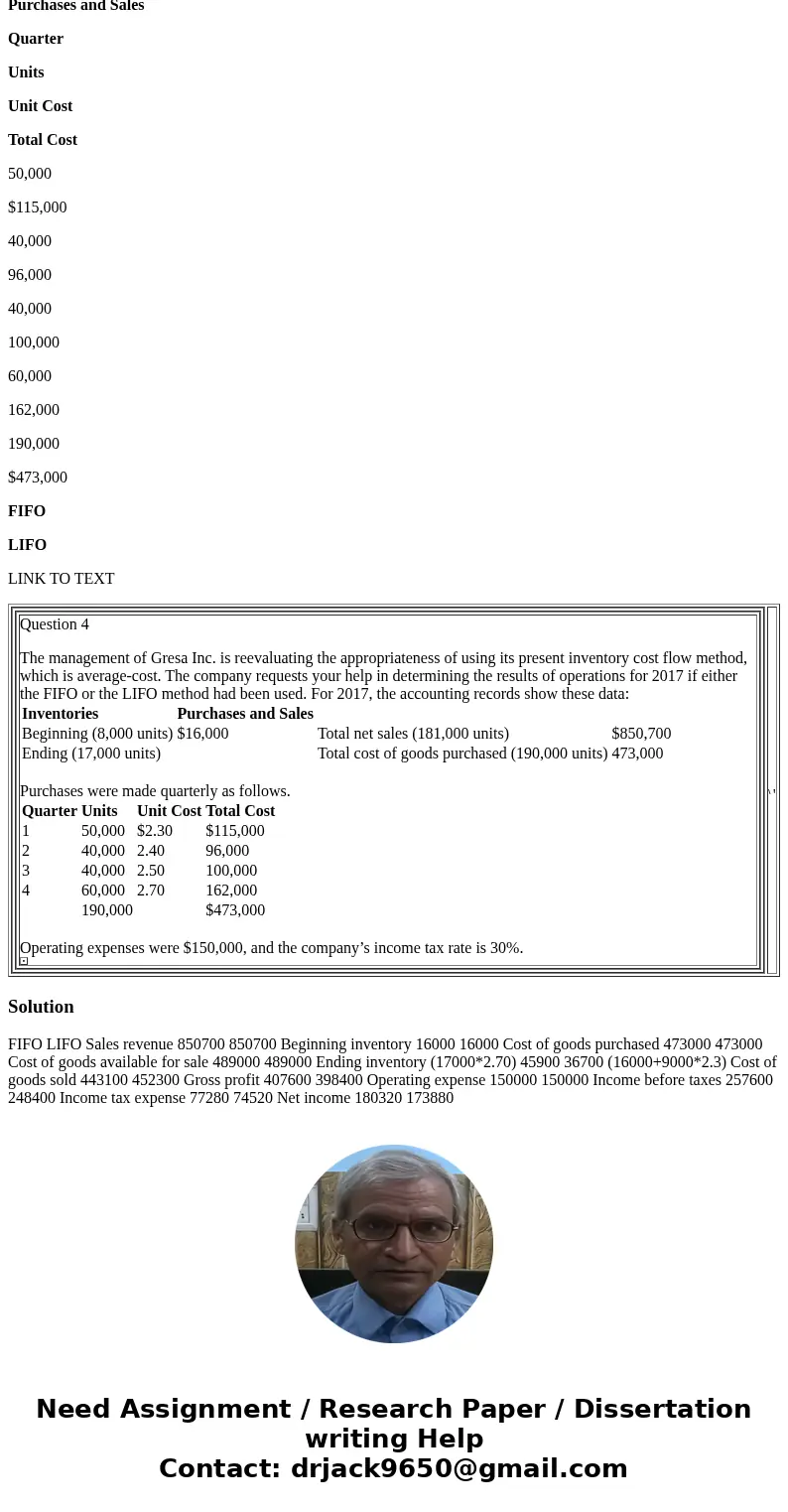 Question 4 Inventories Purchases and Sales Quarter Units Unit Cost Total Cost 50,000 $115,000 40,000 96,000 40,000 100,000 60,000 162,000 190,000 $473,000 FIFO 