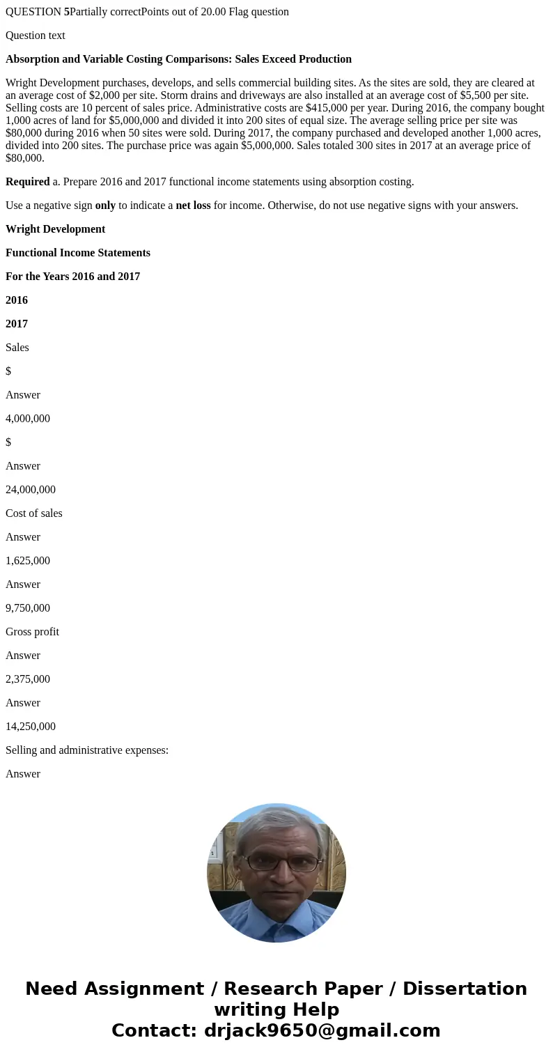 QUESTION 5Partially correctPoints out of 20.00 Flag question Question text Absorption and Variable Costing Comparisons: Sales Exceed Production Wright Developme