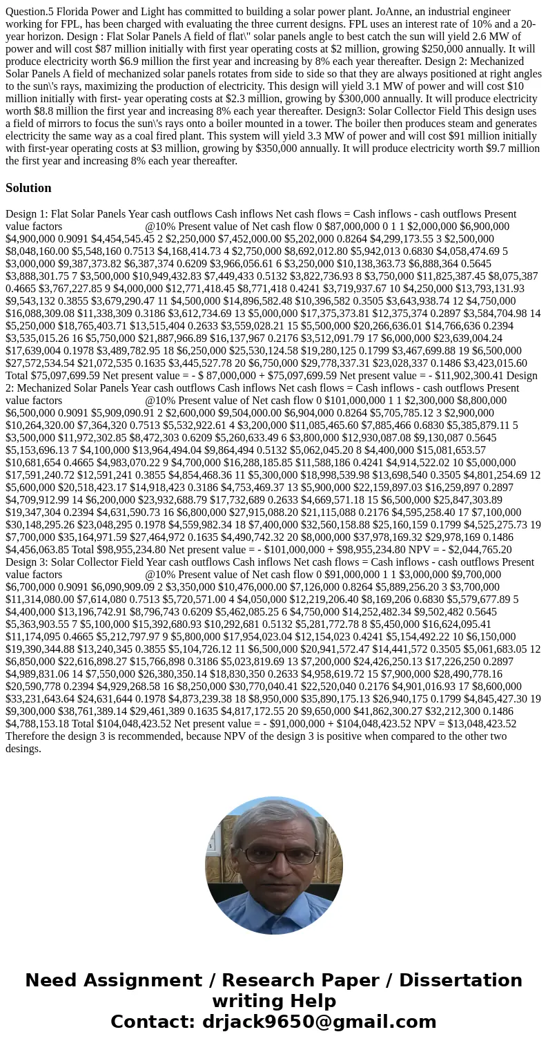  Question.5 Florida Power and Light has committed to building a solar power plant. JoAnne, an industrial engineer working for FPL, has been charged with evaluat