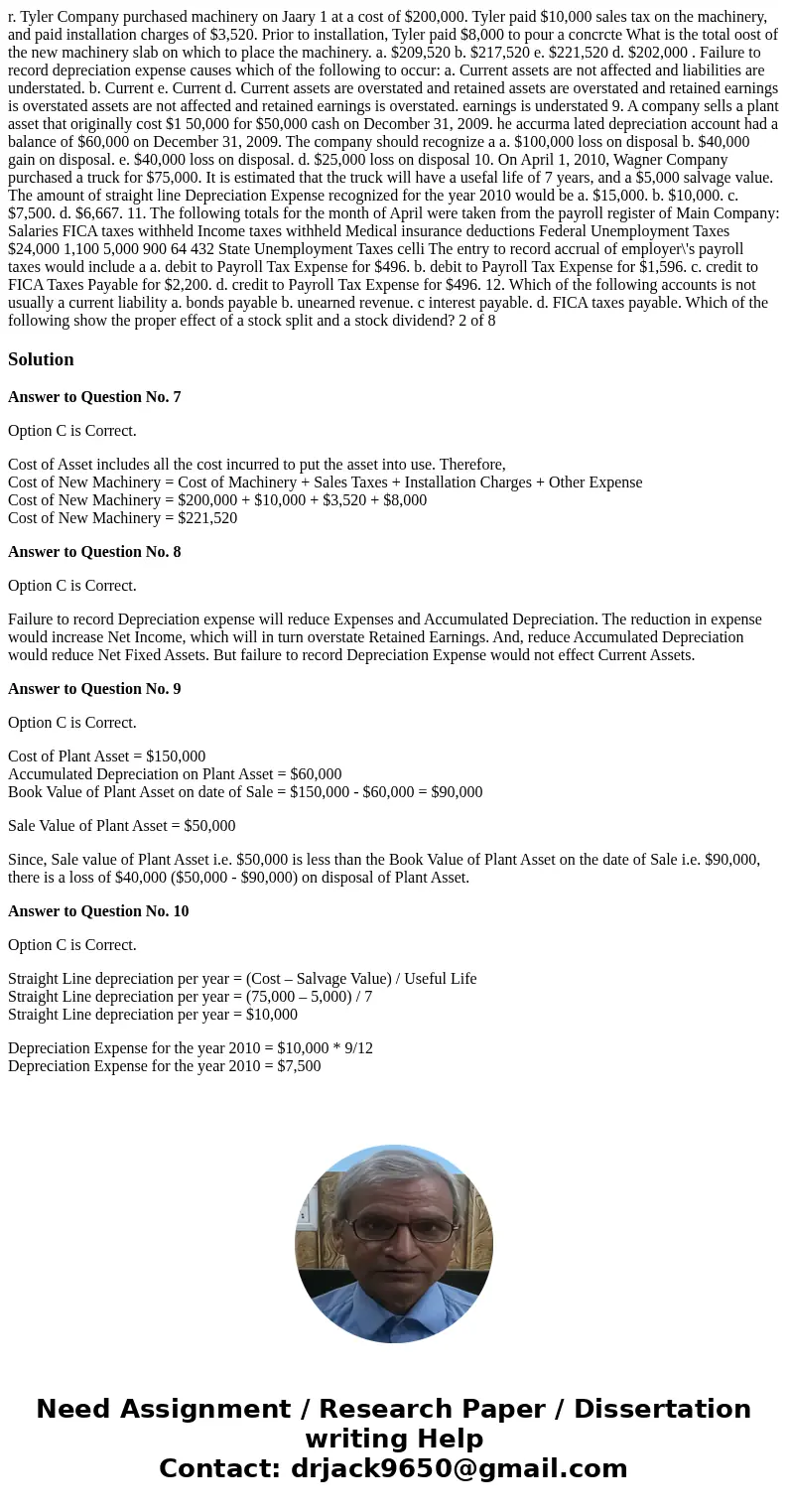  r. Tyler Company purchased machinery on Jaary 1 at a cost of $200,000. Tyler paid $10,000 sales tax on the machinery, and paid installation charges of $3,520. 